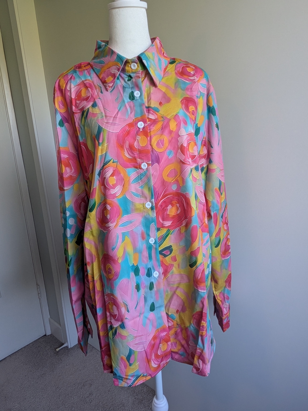 XXL Floral Oil Painting Printed Button-Up Collared Shirt, Pink Multi - Unbranded
